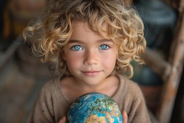 A curly-haired child holds a small representation of Earth, conveying a sense of wonder and care for the planet