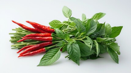 Assortment of Fresh Green Herbs and Vibrant Red Chili Peppers on Plain Background