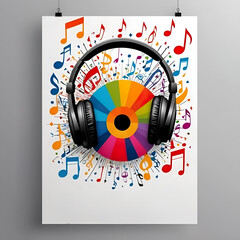 Diseño cartel poster disco multicolor auriculares y notas musicales de colores 