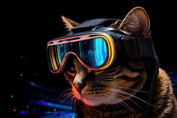 A cat with goggles and neon light, ready for an adventure. smart cat with neon VR glass on dark background