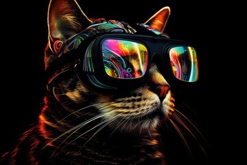 A cat with goggles and neon light, ready for an adventure. smart cat with neon VR glass on dark background