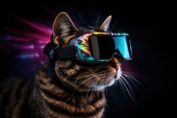 A cat with goggles and neon light, ready for an adventure. smart cat with neon VR glass on dark background