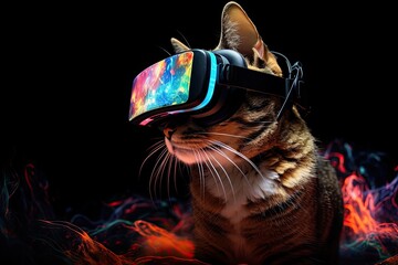 A cat with goggles and neon light, ready for an adventure. smart cat with neon VR glass on dark background