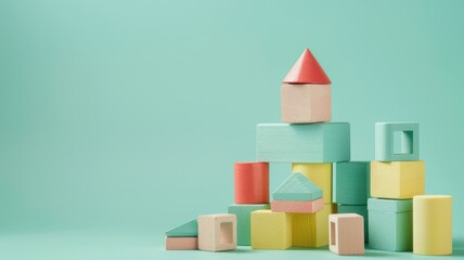 Colorful wooden blocks arranged in creative structure on teal background