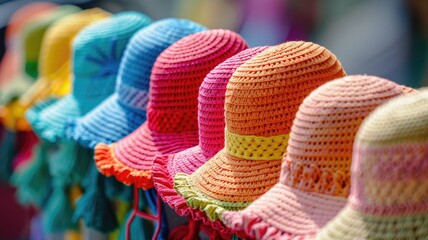 Colorful woven sun hats displayed in row