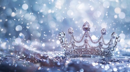 Sparkling tiara on glittery background with bokeh effect