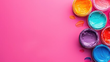 Open paint cans with vibrant colors on pink background