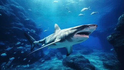 Obraz premium The great White Shark in the ocean, portrait of White shark hunting prey in the underwater