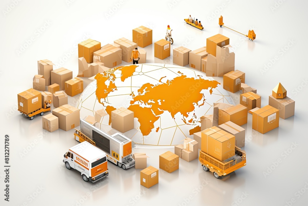 Poster The world map surrounded by boxes, representing globalization and interconnectedness.