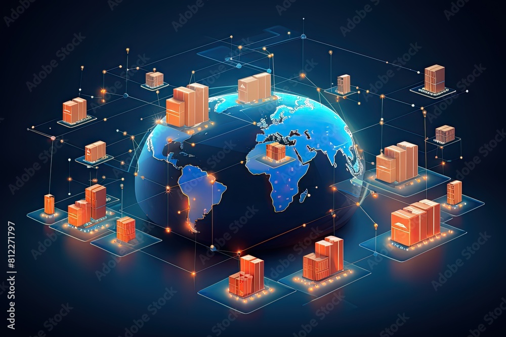 Poster The world map surrounded by boxes, representing globalization and interconnectedness.
