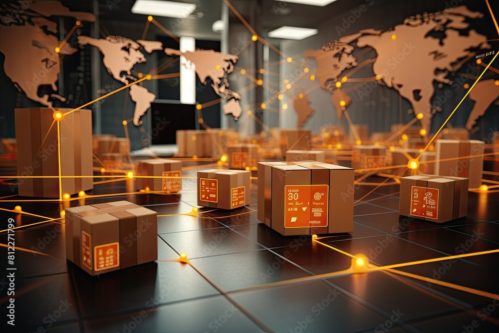 Poster The world map surrounded by boxes, representing globalization and interconnectedness.