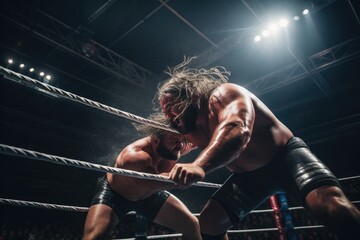 Two wrestlers grappling in a wrestling ring, showcasing their strength and technique.