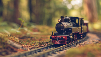 Miniature steam locomotive on model tracks in forest setting with headlight illuminated