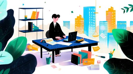 Tax Director Surrounded by Tax Law Books and Colleagues in Financial District