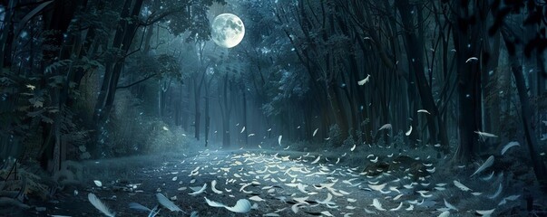 A moonlit forest clearing filled with feathers that form a path toward a mystical grove