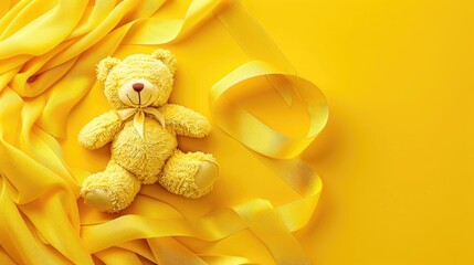 A yellow ribbon adorned with a teddy bear motif set against a vibrant yellow backdrop symbolizes solidarity for children battling illness This design resonates with the themes of Childhood 
