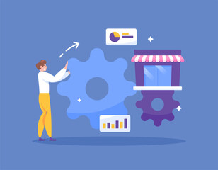 business management concept. planning, organizing and managing a business. direction and control of business activities. a businessman manages his business shop. illustration concept design. element