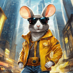 Funny cartoon mouse with sunglasses in a yellow jacket on the background of the city.