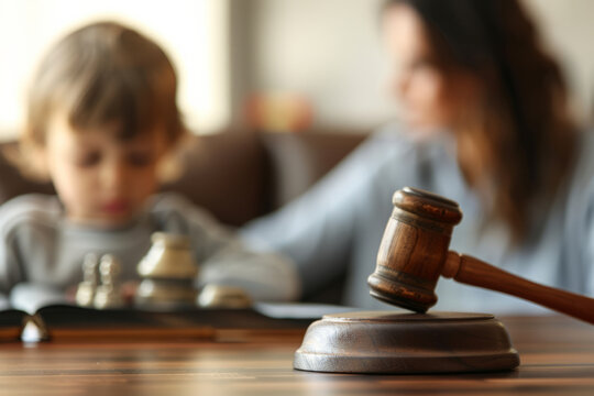 Close up of a legal judges hammer with a blurred child in the background. Child custody concept