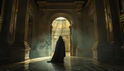 Conceptualize a cinematic shot of a protagonist walking through the Pantheon s massive bronze doors, into the dimly lit interior