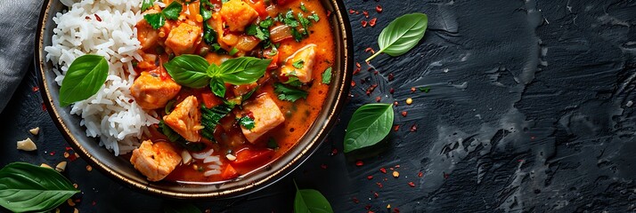 Thai curry with jasmine rice, fresh food banner, top view with copy space