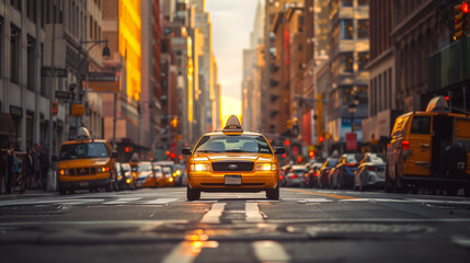 Taxi Cab Driving Through City Street at Sunset