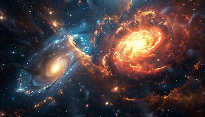 Conceptualize a cosmic collision between two galaxies, resulting in a spectacular display of star formation and the birth of new stellar systems
