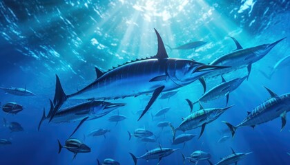 Fototapeta premium Giant Marlin fish in the ocean, beautiful view of marlin fish in the blue ocean