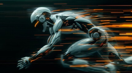 Conceptualize a cyborg athlete in motion, its mechanical limbs blurred with speed, set against a black backdrop with space for text - obrazy, fototapety, plakaty