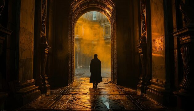 Conceptualize a cinematic shot of a protagonist walking through the Pantheon s massive bronze doors, into the dimly lit interior