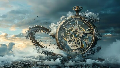 A surreal image of a giant gear emerging from the face of a pocket watch, connecting time with machinery