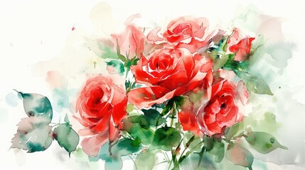 An exquisite watercolor sketch of a bouquet of vibrant red roses delicately hand painted with intricate details of lush green leaves against a crisp white backdrop This stunning floral card