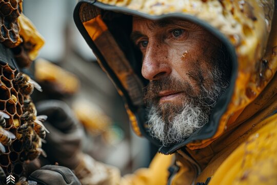 A detailed portrait of a rugged beekeeper carefully handling a honeycomb teeming with bees