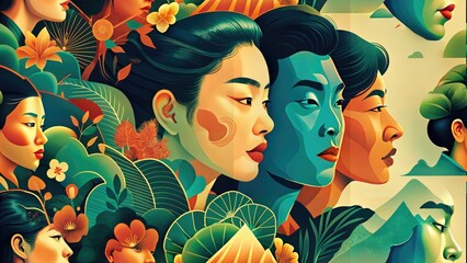 A colorful hand-drawn Banner for the Month of Cultural Heritage of the Peoples of Asia, America and the Pacific Islands. A beautiful horizontal banner with a portrait of two women and a man from AAPI