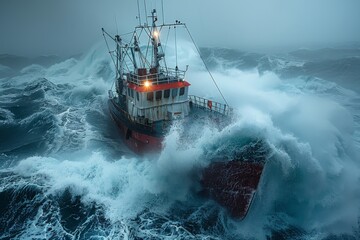 A dramatic image of a fishing boat navigating through high sea waves and harsh weather conditions