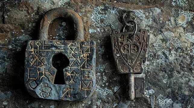 An ancient stone padlock and a wooden key, both covered in runes and mystical symbols