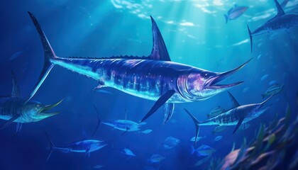 Obraz premium Giant Marlin fish in the ocean, beautiful view of marlin fish in the blue ocean