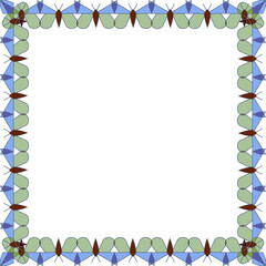 Frame of geometric shapes of green and blue butterflies on a white background 