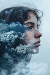 A woman with long hair and clouds in the background, AI
