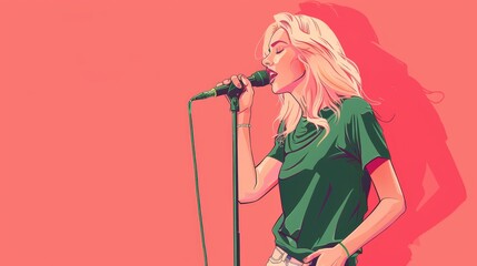 Blonde girl wearing a green t-shirt, singing with a microphone on a vibrant pink background