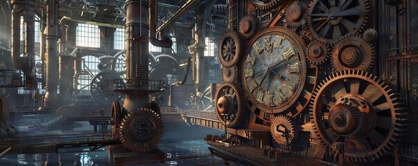 An imaginative portrayal of an old factory with oversized gears rotating to keep the clock ticking