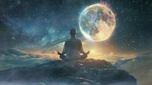 a young man who meditated on the rocks on a beautiful full moon night. seamless looping time-lapse virtual 4K  video Animation Background.