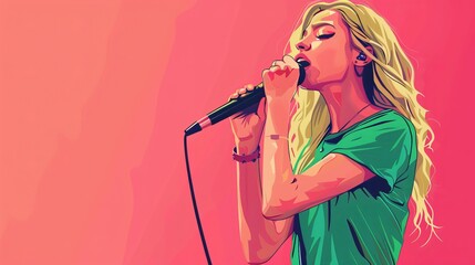 Blonde girl singing with microphone on pink background, performer in green t-shirt, music concept