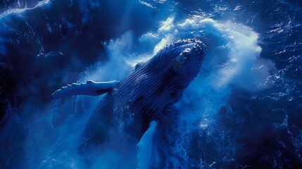 Fototapeta premium A large whale swimming in the ocean with a blue sky, AI
