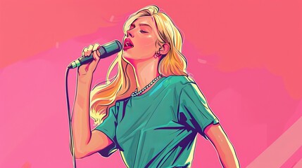 Blonde girl in green t shirt singing with microphone on pink background in vibrant illustration