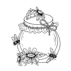 Sketch,doodle jars of honey with field chamomile flowers and honey bees.Vector graphics.