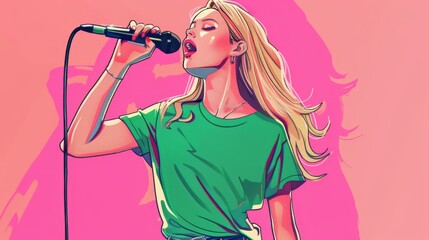 Blonde girl in green t-shirt singing with microphone on pink background during a performance