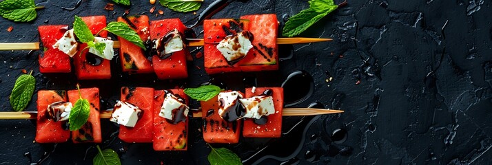 Watermelon feta mint skewers with balsamic reduction, top view horizontal food banner with copy space