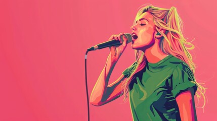 Blonde girl singing with microphone on pink background for music performance concept