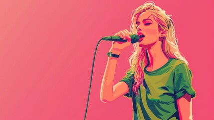 Illustration of a blonde girl in a green t-shirt singing with a microphone on a pink background